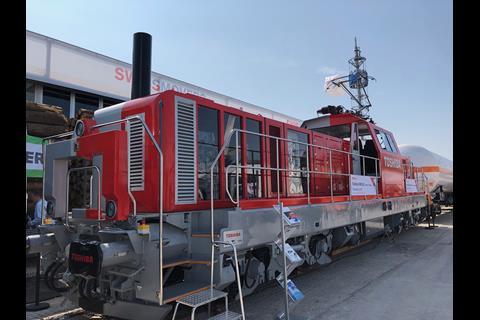 Toshiba Railway Europe unveiled a electric-diesel-battery hybrid traction technology demonstrator locomotive at the Transport Logistic trade show in München.
